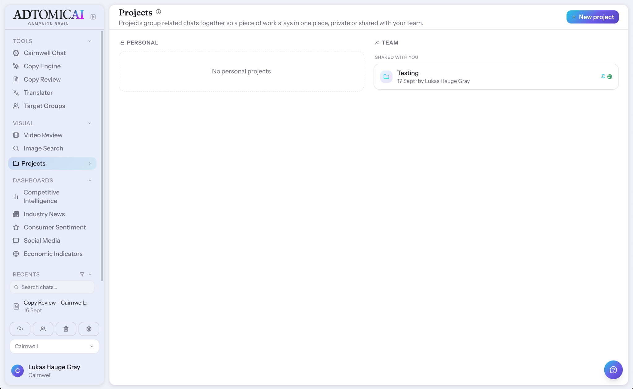 Projects workspace showing personal and shared team projects